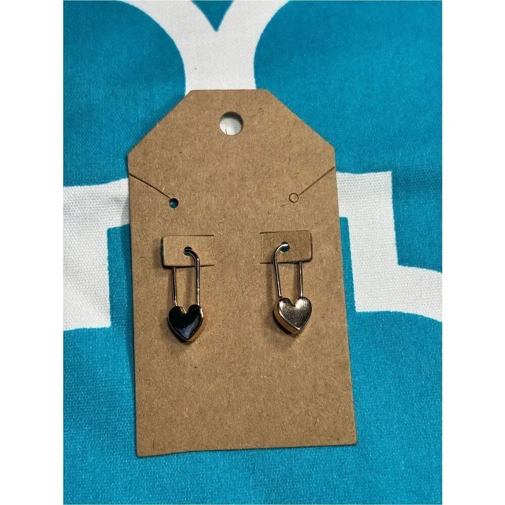 New Gold Heart Dangle Safety Pin Earrings